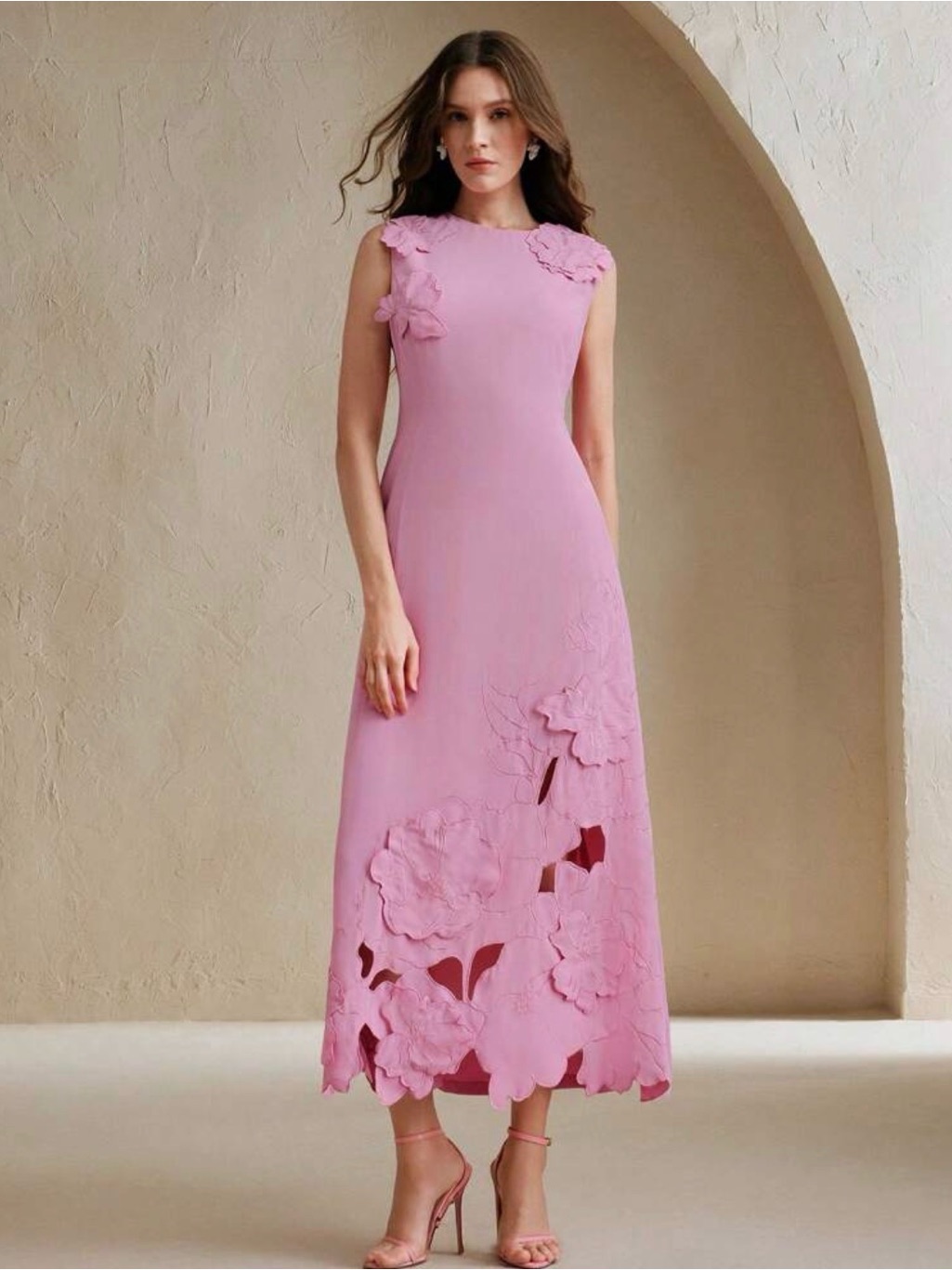 Elegant Pink Floral Appliqu Sleeveless Midi Dress Small
